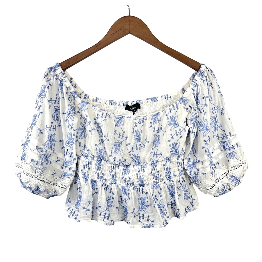 Lulus Embroidered Smocked Crop Top Floral S White Blue Boho Cottagecore Feminine